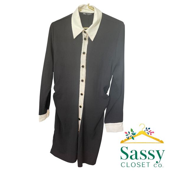 ZARA Black White Ruched Long Sleeve Dress – Gold Buttons – Size L – NWT - Picture 1 of 10